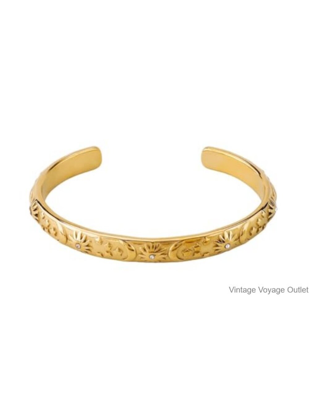 Embossed Moon Star Sun CZ Adjustable Cuff Bracelet Stainless Steel Boho